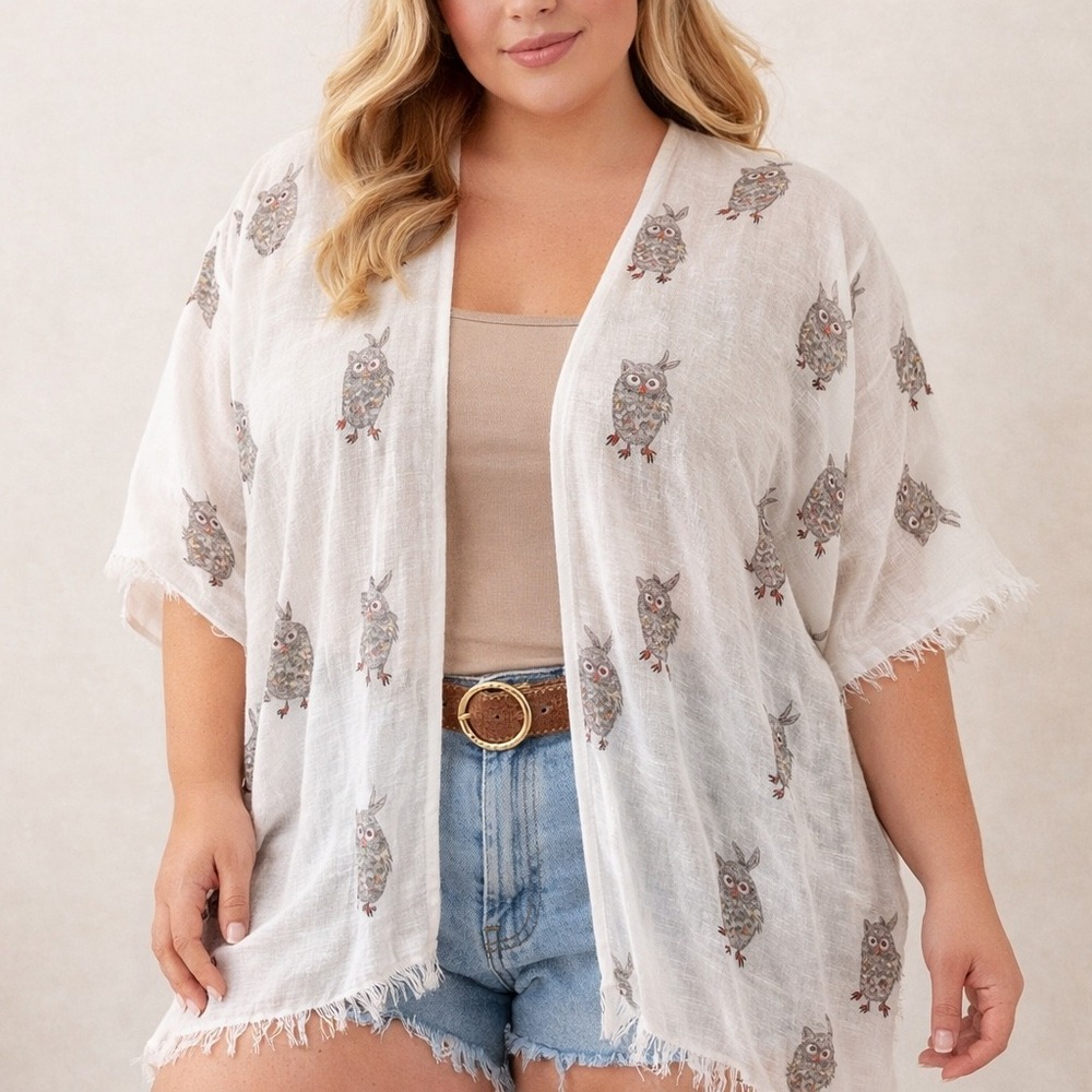 A&O International White Owl Print Kimono Open Front Frayed Hem Cover Up Whimsy